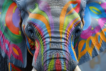 A close-up of an elephant painted with bold