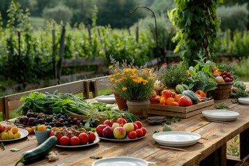 Obraz na płótnie Canvas A farm-to-table dinner set outdoors with fresh produce and natural settings
