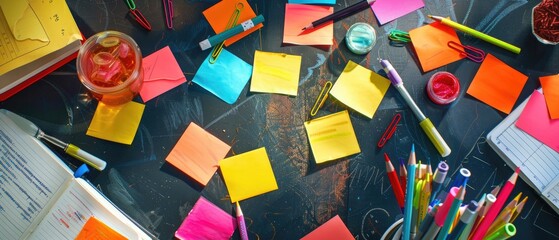An overhead view of a creative brainstorming session with colorful sticky notes and markers scattered across a table - obrazy, fototapety, plakaty