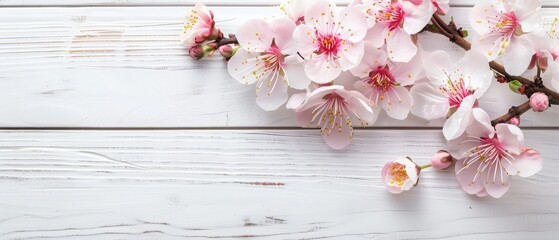 Easter Spring Blossom on white wooden plank background. Easter Apricot flowers on wood, border art design. Pink blooming tree on wood backdrop closeup