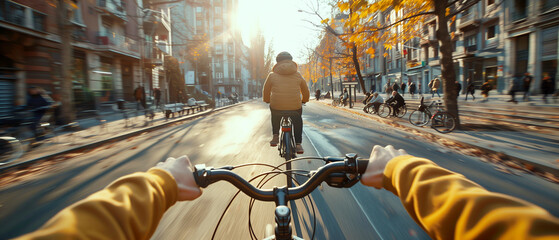 point of view shot, a man quickly riding a bike to work in the morning - obrazy, fototapety, plakaty