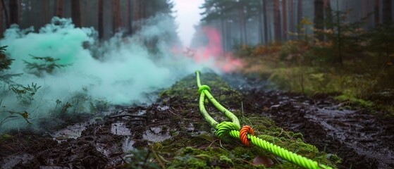neon green rope attached to stuck in mud, forest road Colored smoke stock pictures royaltyfree images