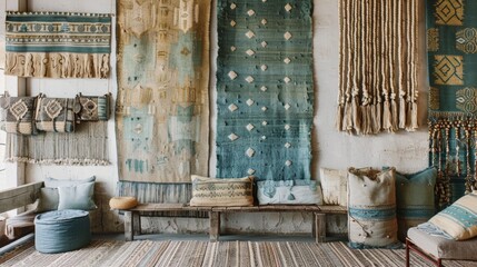The living room walls are adorned with a collection of handwoven tapestries in shades of turquoise aqua and sandy beige. Their organic patterns and whimsical fringe give a relaxed .