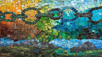 A mosaic of diverse landscapes each one representing a different country with a chain of biofuel symbols weaving through them. .