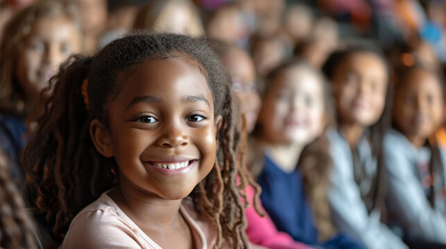 Group of elementary school students sitting in an auditorium during an assembly