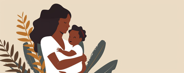 Cute african american black latina mother holding child daughter son off white background plants mother's day family love copy space illustration