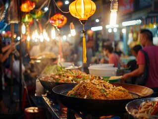 Street lanterns glow as Pad Thai is spun in a wok night market dining - obrazy, fototapety, plakaty