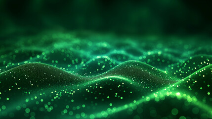 Abstract green particle background. Flow wave with dot landscape. Digital data structure. Future mesh or sound grid. Pattern point visualization. - obrazy, fototapety, plakaty