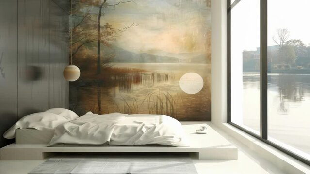 A minimalist bedroom with a low platform bed white linens and a large piece of wall art depicting a calming nature scene. . .