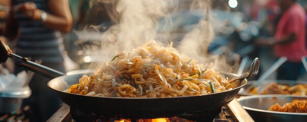The sizzle of Pad Thai cooking on a street corner - obrazy, fototapety, plakaty