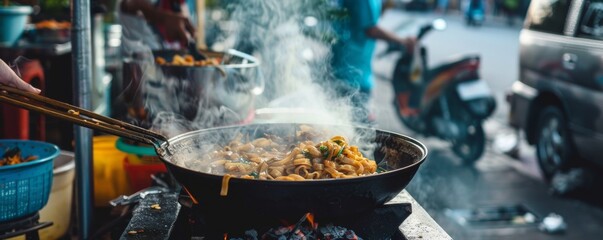 The sizzle of Pad Thai cooking on a street corner