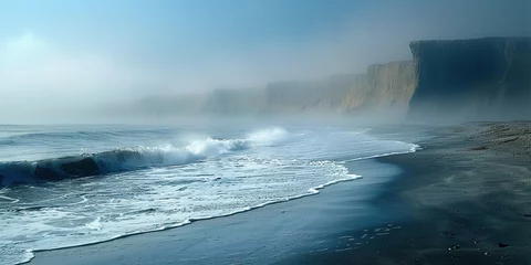 Fotobehang Amazing ocean coast in white fog. A calm and mysterious landscape. Space to copy. Generative AI © kovalovds