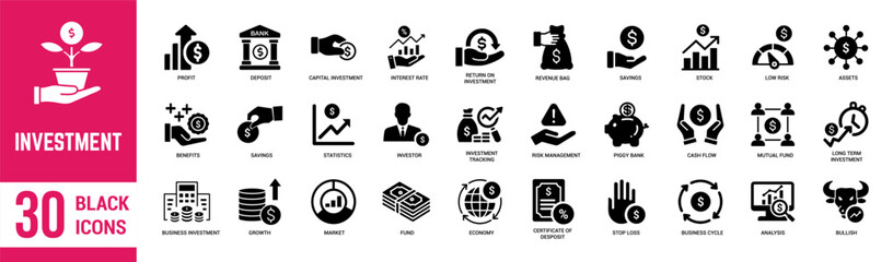 Investment solid icons set. Investment, financial, investor, economy, profit, mutual fund, gain, asset and cashflow. Vector illustration