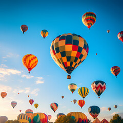 A colorful hot air balloon festival against a clear sky