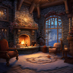 A cozy winter scene with a fireplace.