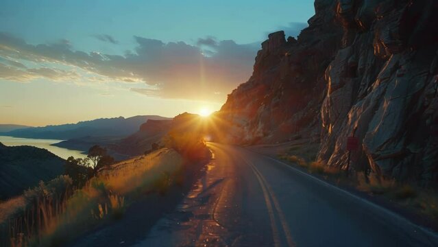 The sun sets over a picturesque road carved into the side of a rocky mountain beckoning travelers to embark on an adventurous road . AI generation.