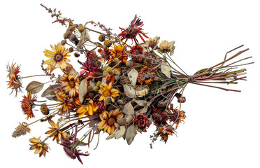 A bouquet of dried flowers is arranged in a vase, cut out - stock png.