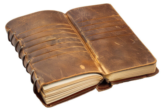 A leather bound book with a leather cover and a leather spine - stock png.
