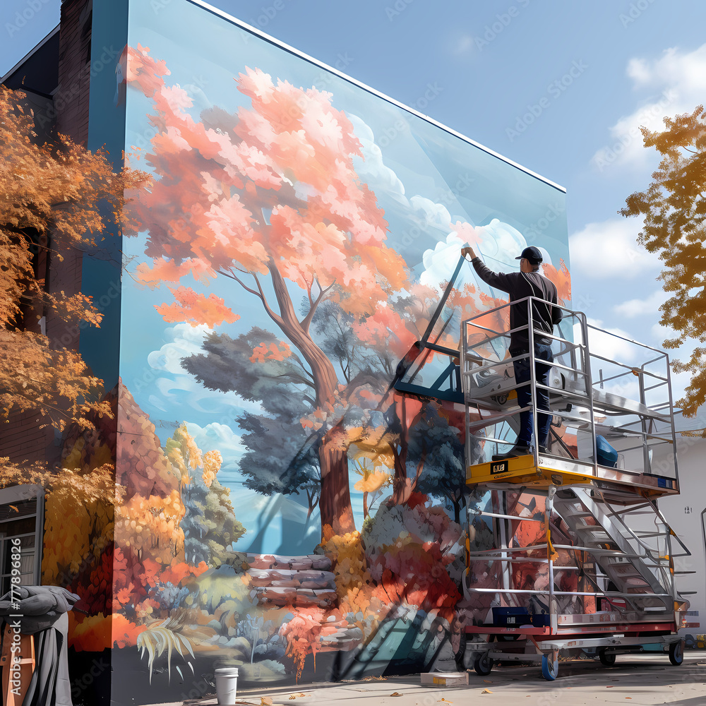 Wall mural A person painting a mural on a building facade. 