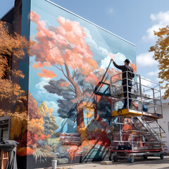 A person painting a mural on a building facade. 