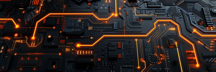high-tech, dark gray circuit board with glowing orange, generative AI