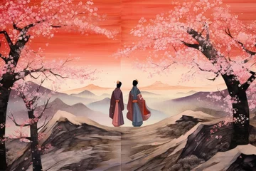 Fotobehang Wave Ukiyo-e painting, whimsical abstract landscapes romantic, dreamy, elegant © Pixel Alchemy