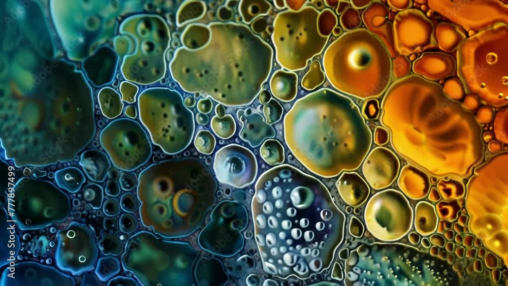 Poster an intricate pattern of algal cells with each one displaying a unique combination of pigments creati