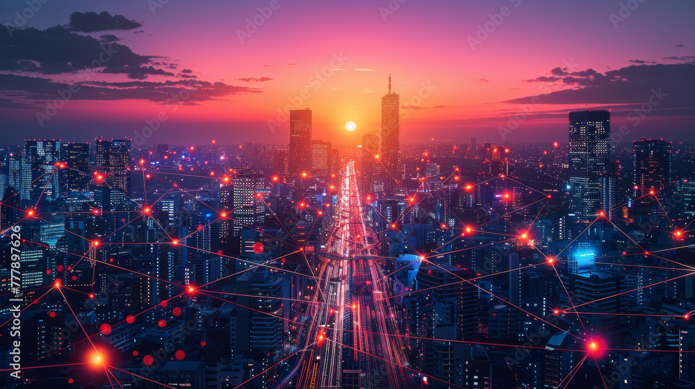 Aufkleber modern city with wireless network connection and city scape concept. wireless network and connection