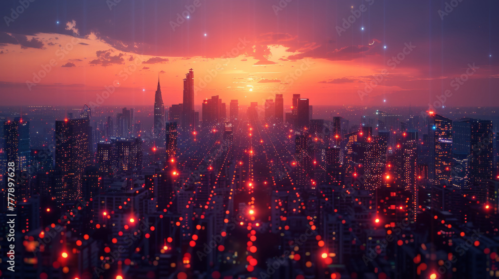 Poster modern city with wireless network connection and city scape concept. wireless network and connection