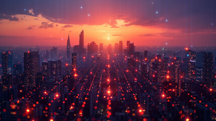 Modern city with wireless network connection and city scape concept. Wireless network and...