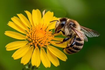 Busy bee perched beside vibrant yellow flower with glistening drop