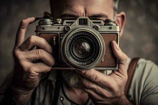 A high-definition image capturing the artistic flair of a photographer holding a vintage camera, the background providing ample space for text celebrating World Photography Day.
