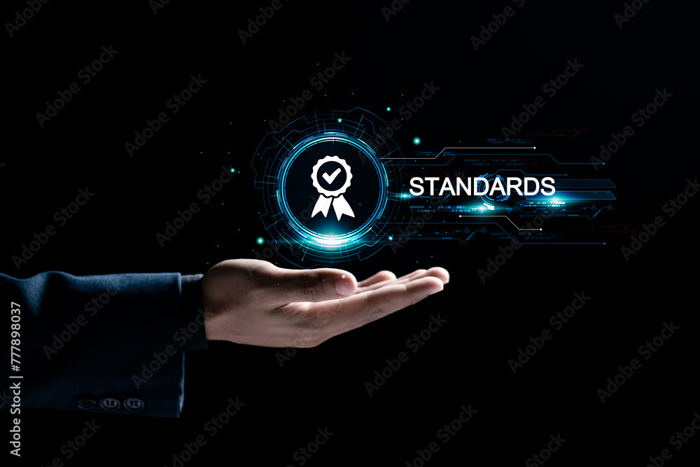 Poster standard quality control certification assurance guarantee. businessman showing the best quality ass