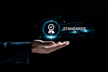 Standard quality control certification assurance guarantee. Businessman showing the best quality...