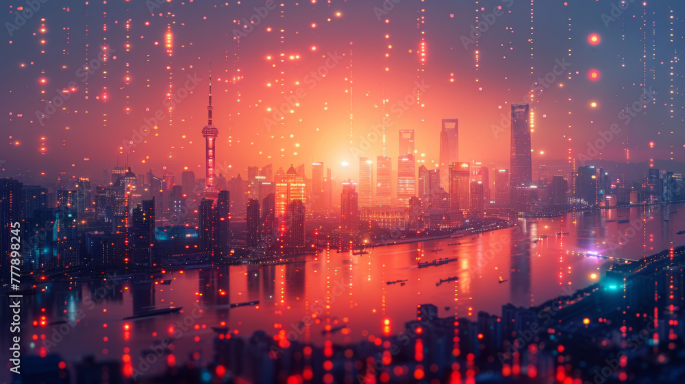 Poster modern city with wireless network connection and city scape concept. wireless network and connection