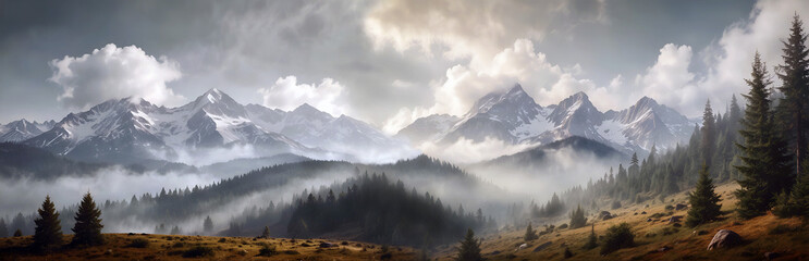 Epic panoramic winter mountain landscape with fog and pines