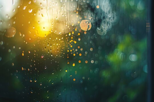 Raindrops on window with sunset background