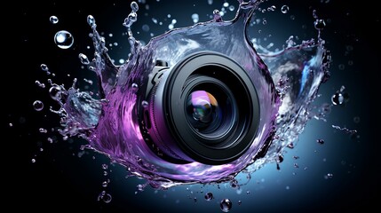 A sleek black camera lens capturing vibrant, cascading water droplets frozen in mid-air from a splash. - Powered by Adobe