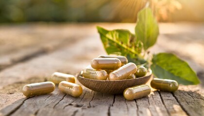 herbal capsules from herbs on rustic wooden table with leaf for healthy lifestyle