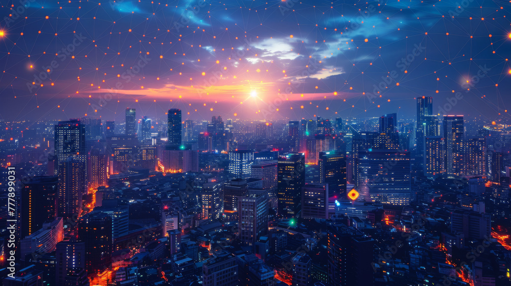 Poster modern city with wireless network connection and city scape concept. wireless network and connection