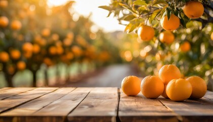wooden table top ander orange trees covered with orange fruits blurred sunny orchard garden at the...