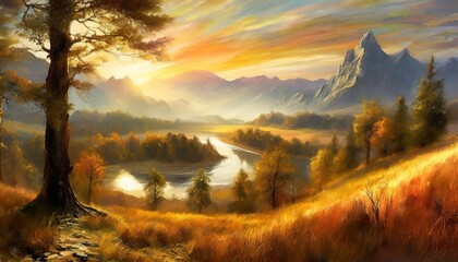 artwork is a fabulous landscape of mountains trees rivers and grass a fantasy sketch of amazing...