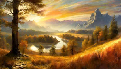Tischdecke artwork is a fabulous landscape of mountains trees rivers and grass a fantasy sketch of amazing nature artwork sketch of beautiful mystical trees illustration © Adrian
