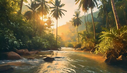 river flowing through a tropical forest illustration on the theme of nature and elements plants and climate ecology and travel generative ai