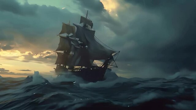 A pirate ship sails on the ocean, with a stormy sea featuring big waves and dark clouds in the background. A vintage pirate boat