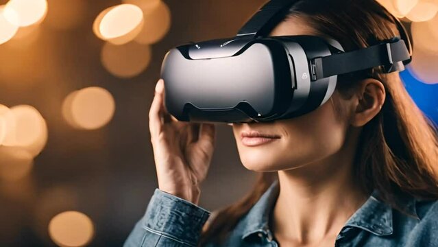 A young woman wearing VR headset, Virtual reality, innovation and new technology concept