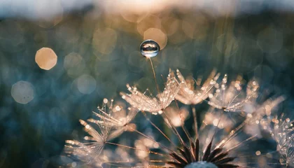 Fotobehang beautiful shiny dew water drop on dandelion seed in nature close up macro sparkling bokeh dark blue green background © Adrian