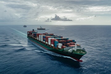 Cargo ship laden with containers sails across sea under daytime sky