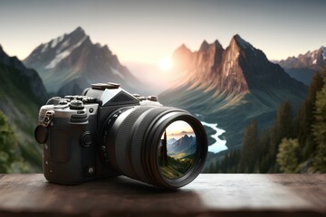 An HD image featuring a camera against a majestic mountainous panorama, the perfect representation for World Photography Day, with room for personalized text. - Powered by Adobe