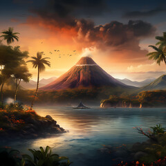 Tropical island with a volcano in the background.